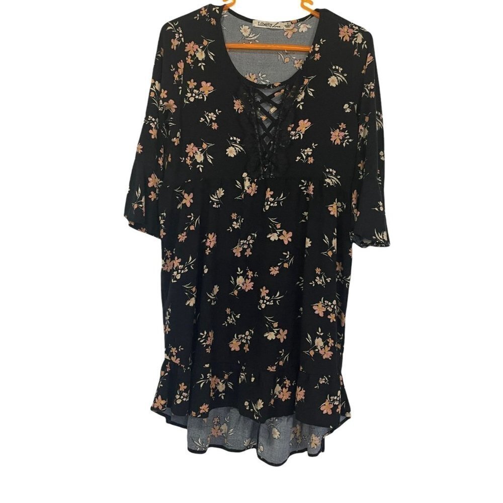 Liberty Love Tunic Dress Black Floral Lace Crisscross Size S